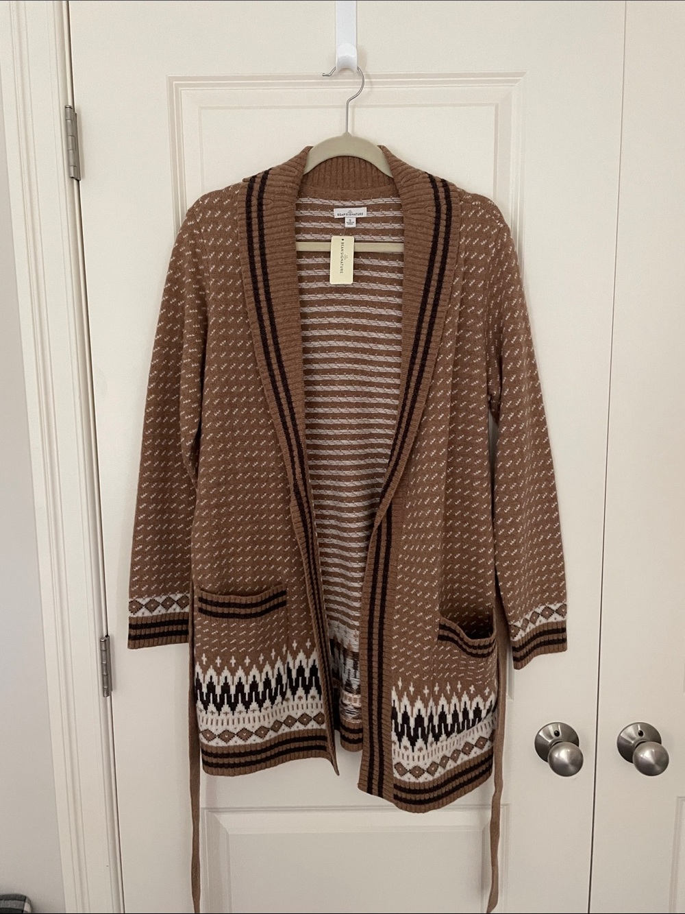 L.L. Bean Brown Fair Isle Open-Front Cardigan with Cream & Black Trim